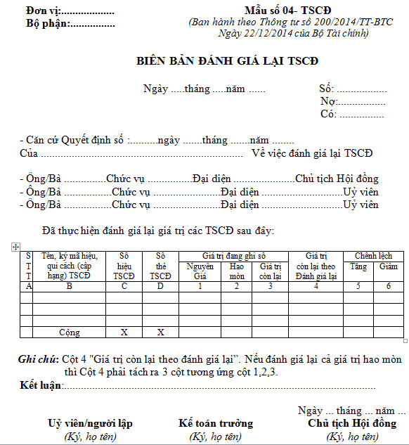 Biên Bản đánh Giá Lại Tài Sản Cố định