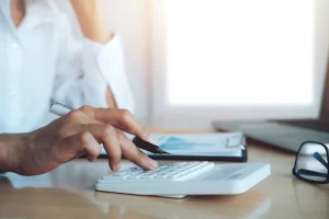 Finances Saveing Economy Concept Female Accountant Banker Use Calculator 1421 88