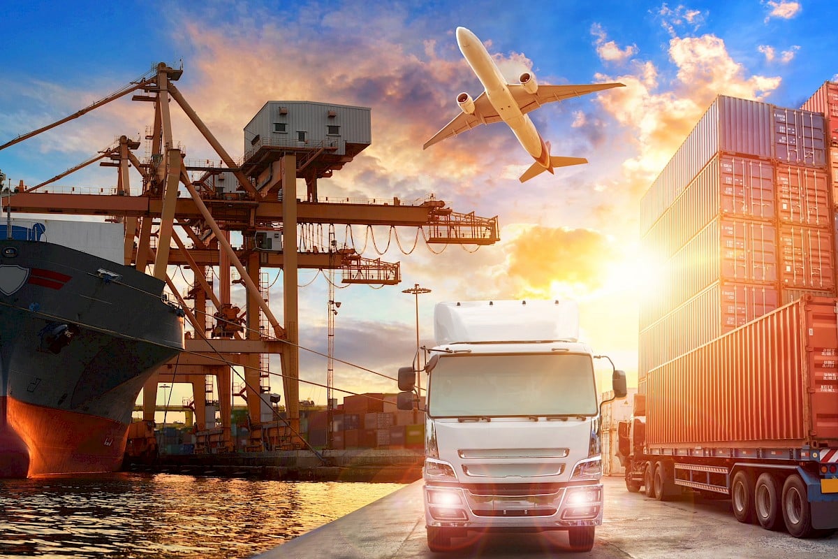 Logistics And Transportation Of Container Cargo Ship And Cargo Plane With Working Crane Bridge In Shipyard