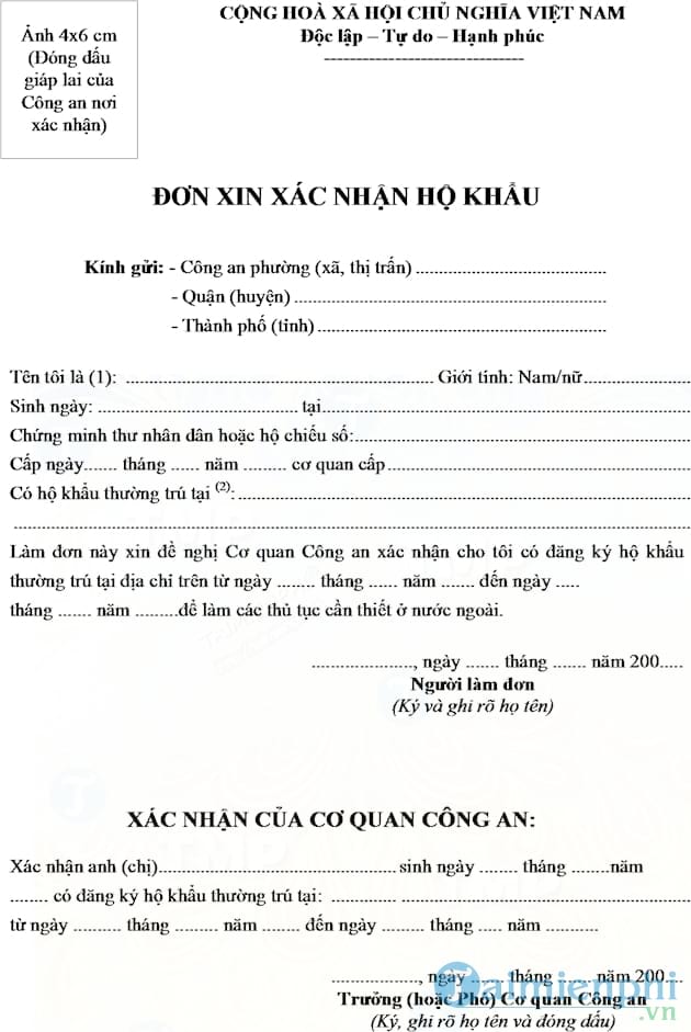 Đơn xin xác nhận hộ khẩu để ly hôn