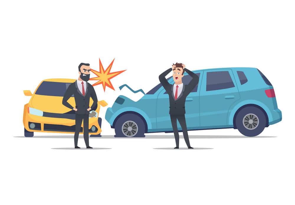 Car Accident. Damaged Autos Angry Scared Men. Businessmen Vector Character And Crashed Cars