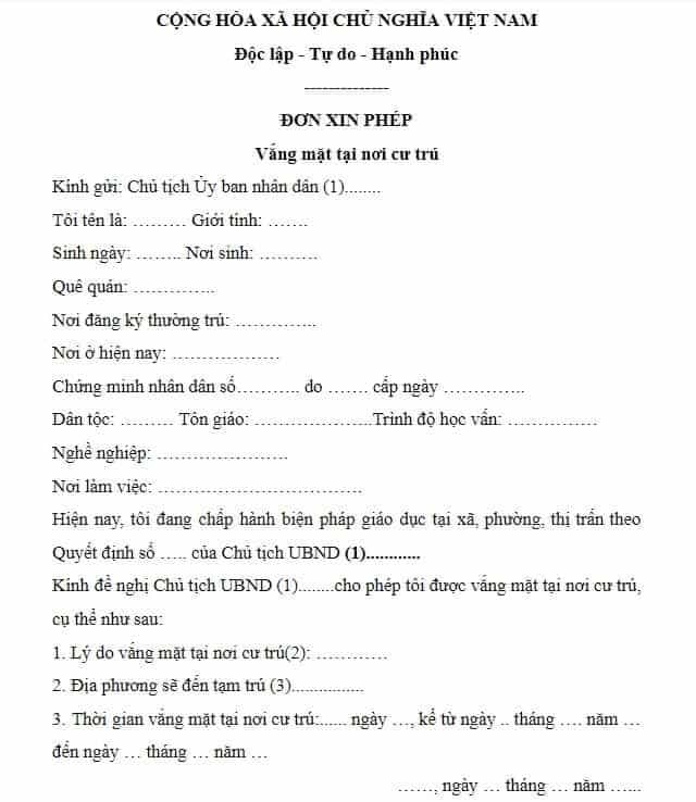 Đơn Xác Nhận Vắng Mặt Tại Nơi Cư Trú