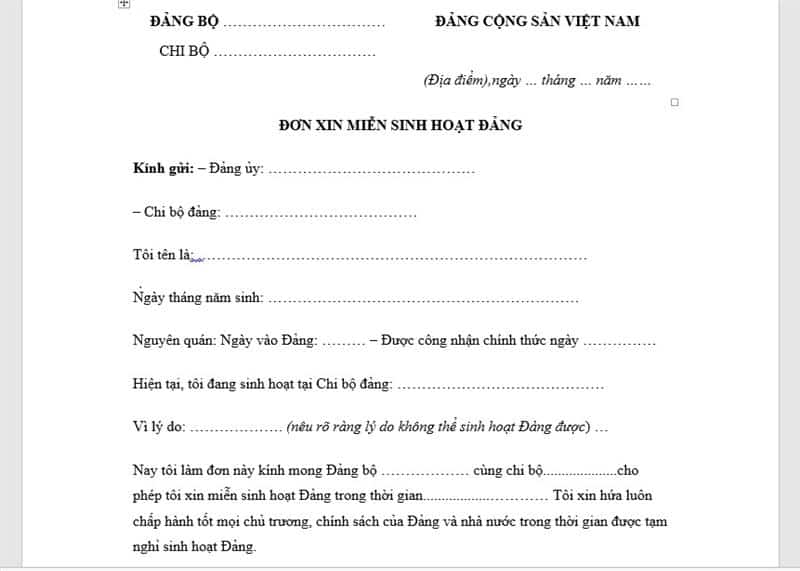 Đơn XIn Miễn SInh Hoạt Đảng Dài Hạn