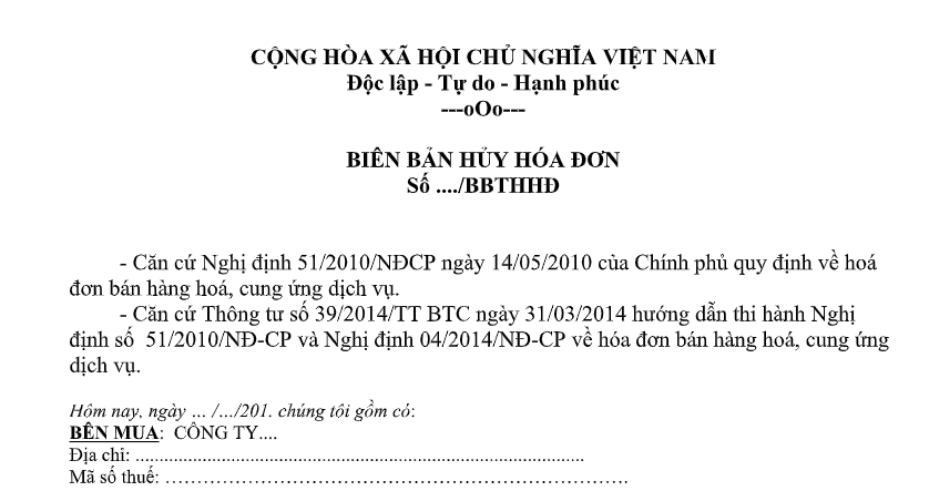 Biên Bản Huỷ Hoá đơn Song Ngữ