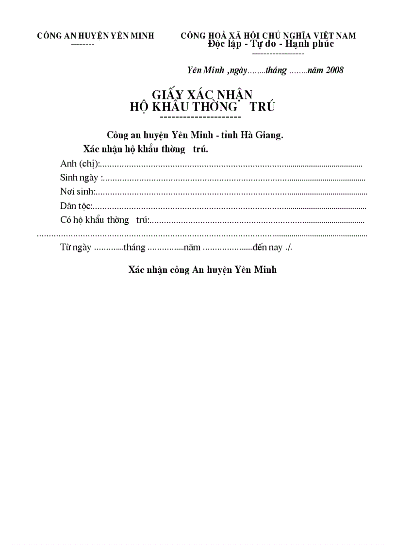 Mẫu giấy xác nhận hộ khẩu miền núi