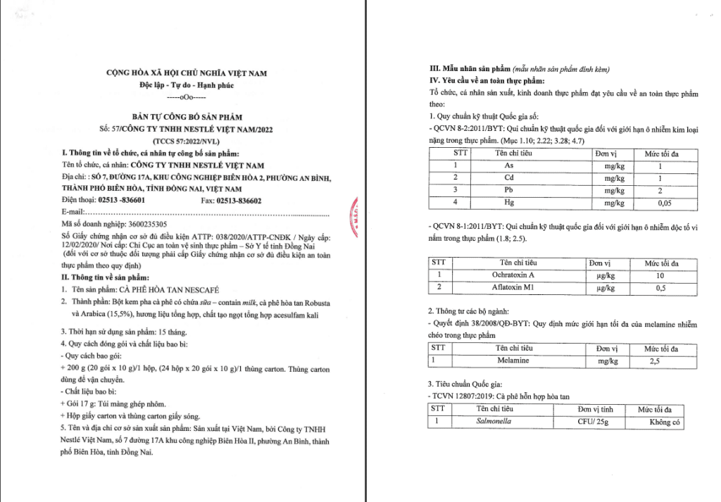 Hồ Sơ Công Bố Sản Phẩm Nestle