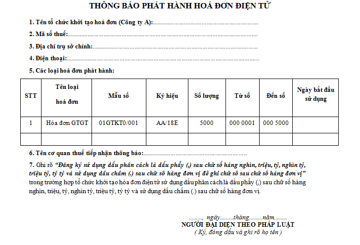 Mẫu đăng Ký Phát Hành Hóa đơn điện Tử