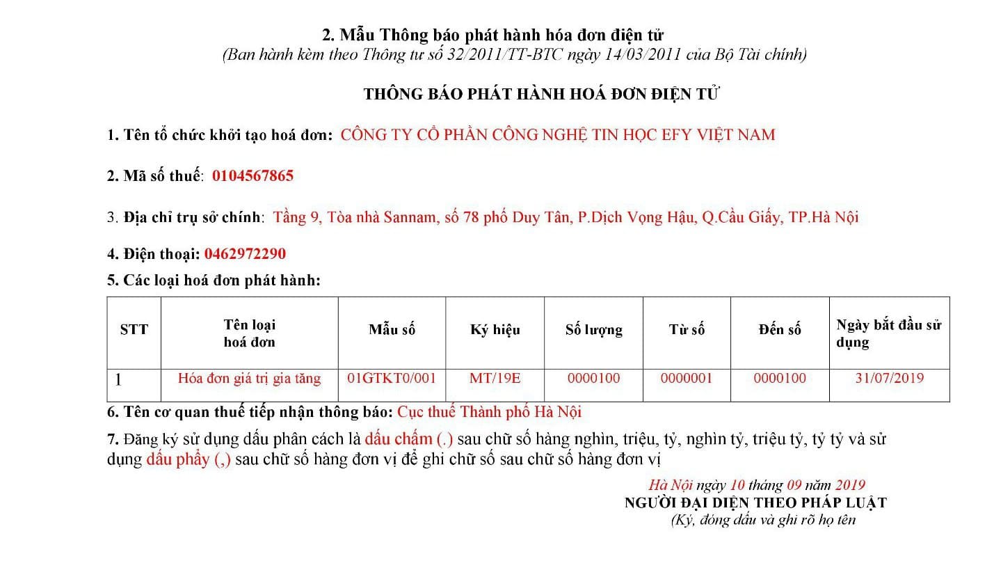 Mẫu Quyết định Phát Hành Hóa đơn điện Tử