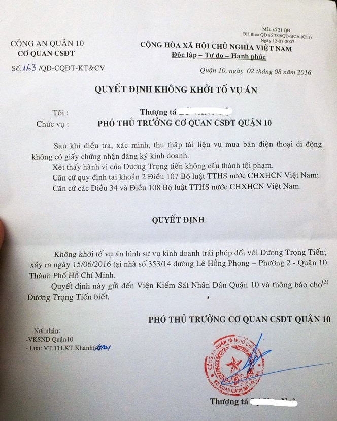 Quyết định Không Khởi Tố Vahs