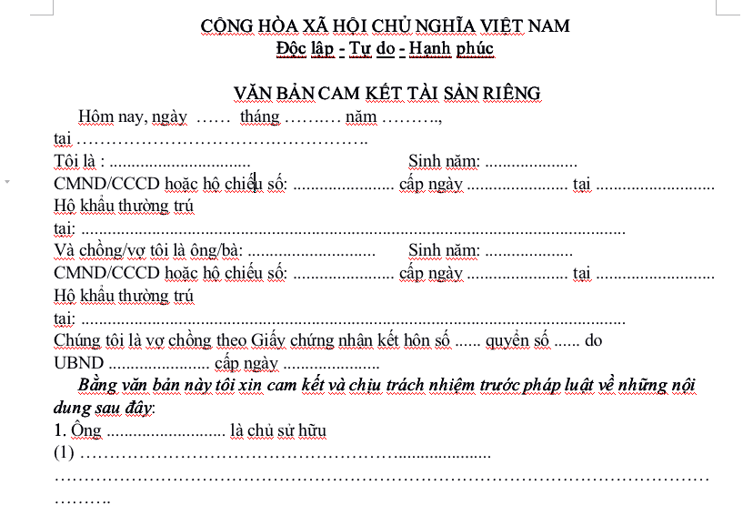 Cam kết tài sản riêng trước khi mua đất