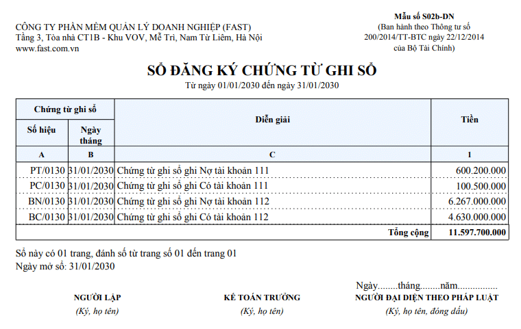 Sổ đăng Ký Chứng Từ Ghi Sổ Báo Cáo