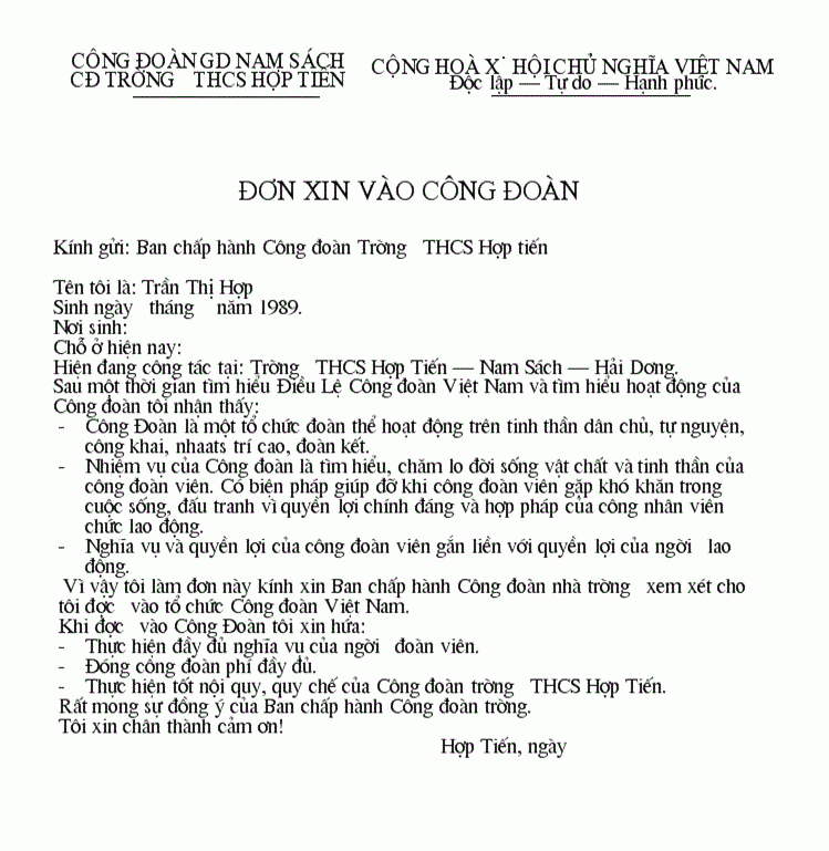 Đơn xin gia nhập công đoàn trường THCS