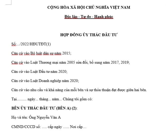Mau Hop Dong Uy Thac Dau Tu Dung Cho Moi Linh Vuc Dau Tu