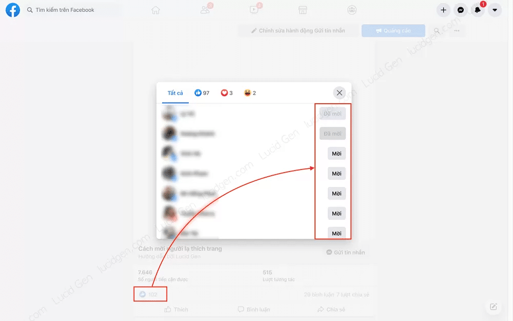 Ấn vào số người đã like bài viết