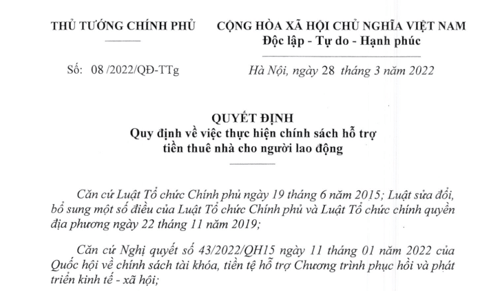 Quyet Dinh Ho Tro Tien Thue Tro Cho Lao Dong