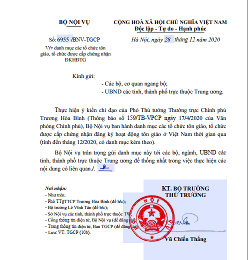 Công văn 6955 danh mục các tổ chức tôn giáo, tổ chức được cấp đăng ký hoạt động tôn giáo