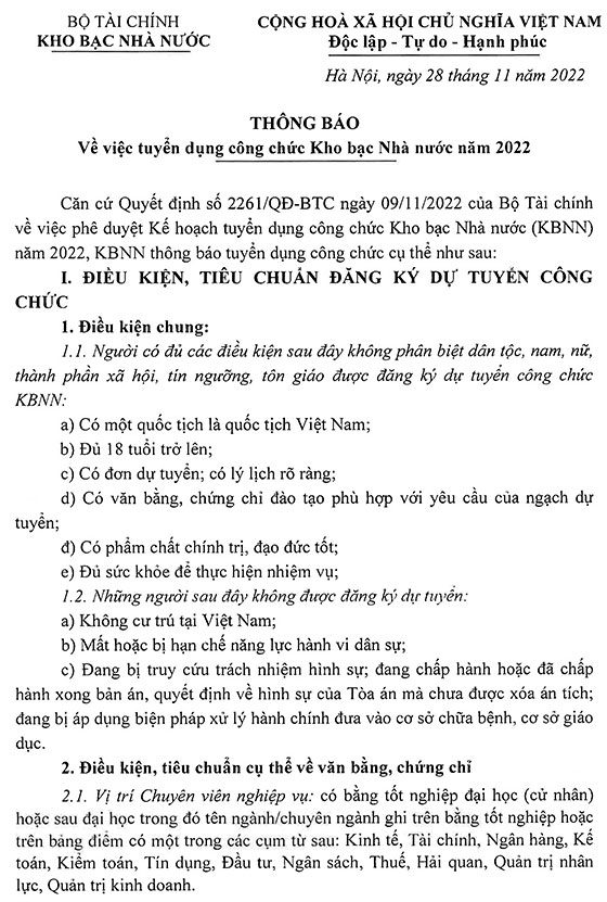 Thông báo tuyển dụng kbnn 2022