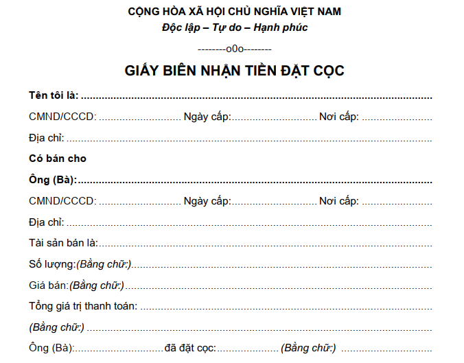 mẫu giấy biên nhận tiền đặt cọc mua đất