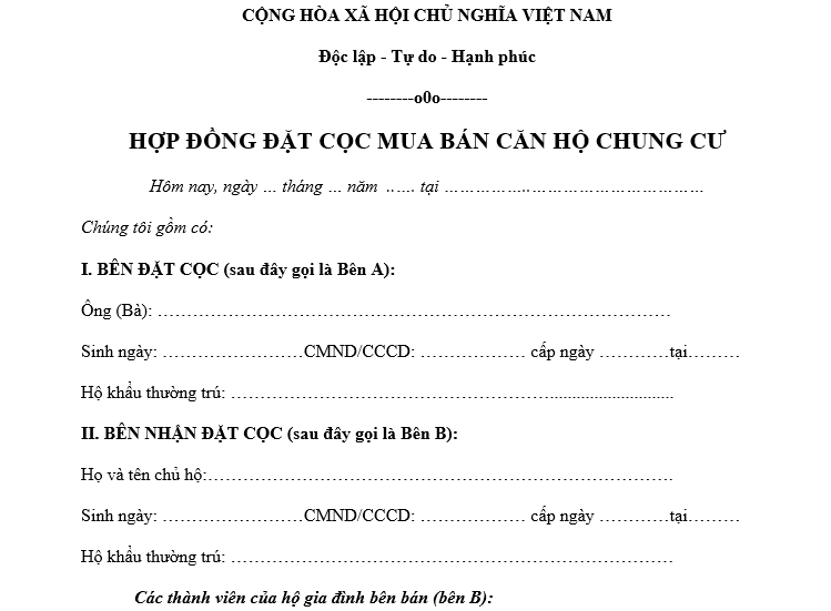 mẫu hợp đồng đặt cọc mua nhà chung cư