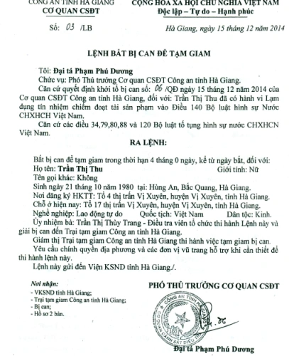mẫu lệnh bắt bị can để tạm giam