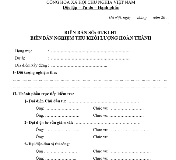 các mẫu biên bản nghiệm thu khối lượng hoàn thành