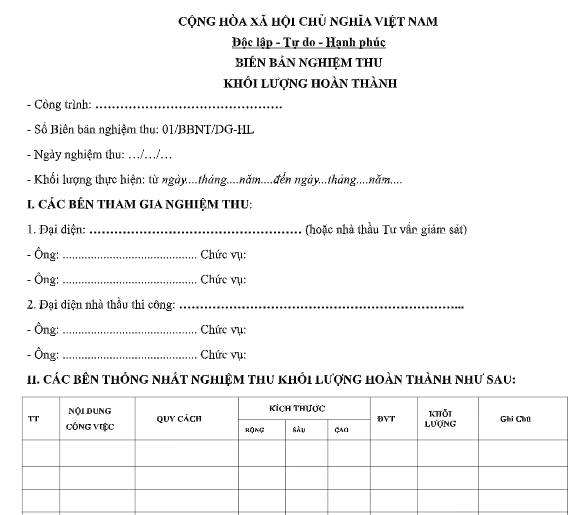 biên bản nghiệm thu khối lượng quyết toán