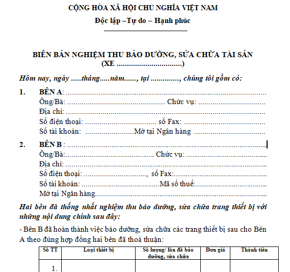 biên bản nghiệm thu sửa chữa