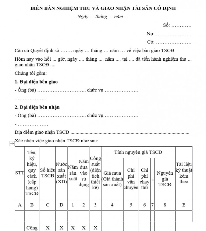 mẫu biên bản nghiệm thu tài sản cố định