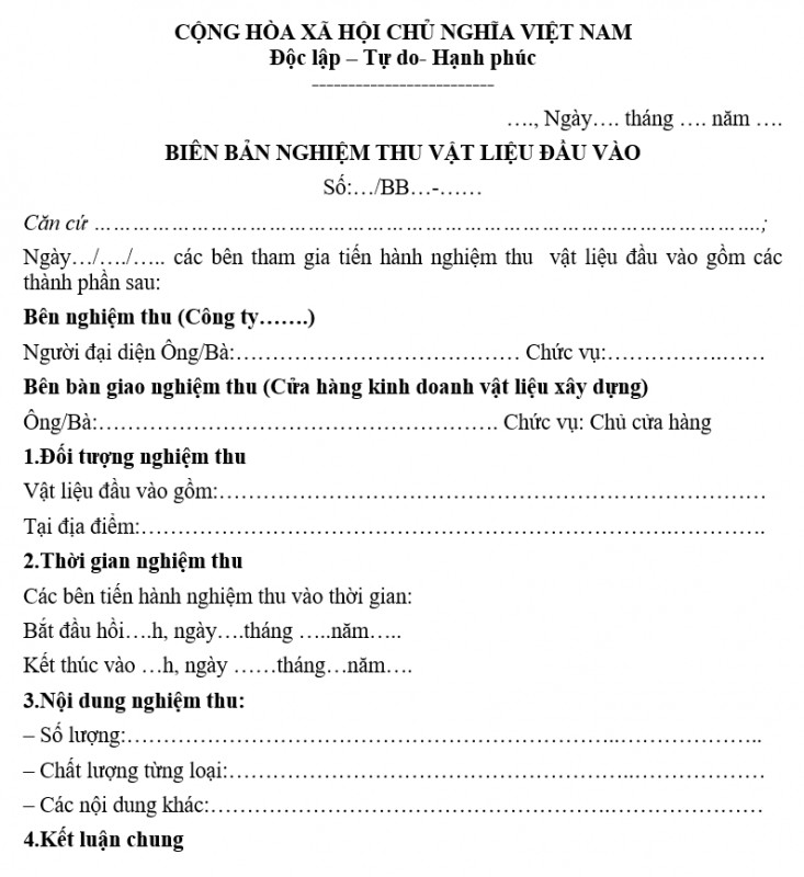 biên bản nghiệm thu vật liệu đầu vào